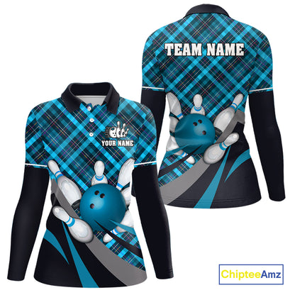 Blue Plaid pattern Bowling shirts For Women Custom Team Bowling Jersey Xmas Gift For Bowlers NQS10493