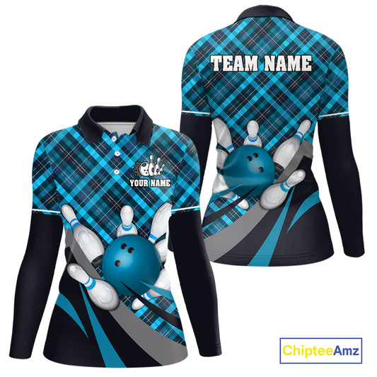 Blue Plaid pattern Bowling shirts For Women Custom Team Bowling Jersey Xmas Gift For Bowlers NQS10493