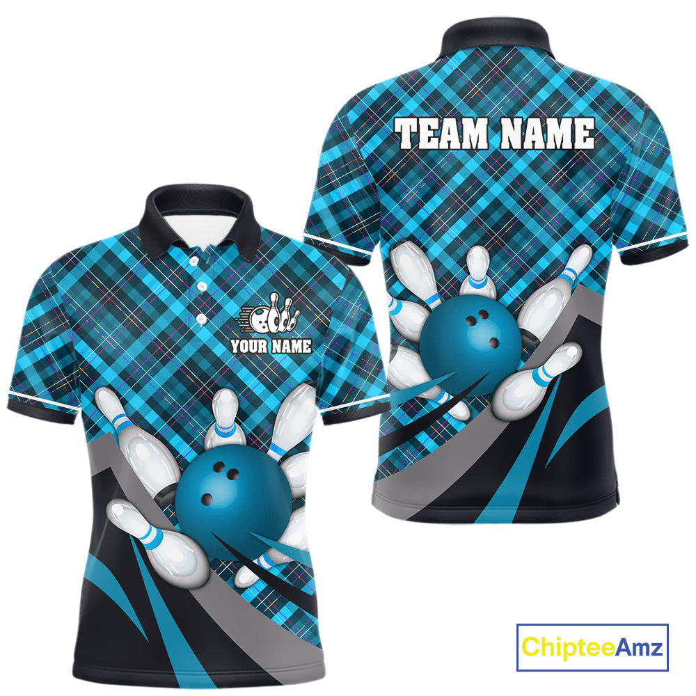 Blue Plaid pattern Bowling shirts For Men Custom Team Bowling Jersey Xmas Gift For Bowlers NQS10493