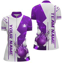 Load image into Gallery viewer, White and Purple Flame Bowling Polo, Quarter Zip shirts for Women custom Team Bowling Jersey For Women NQS8743