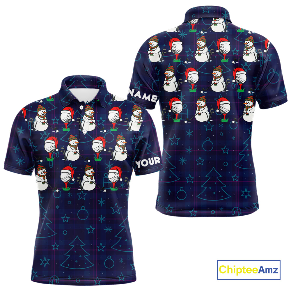 Blue Christmas Plaid pattern snowman Golf Polo Shirts For Men custom Christmas mens golf attire NQS10902