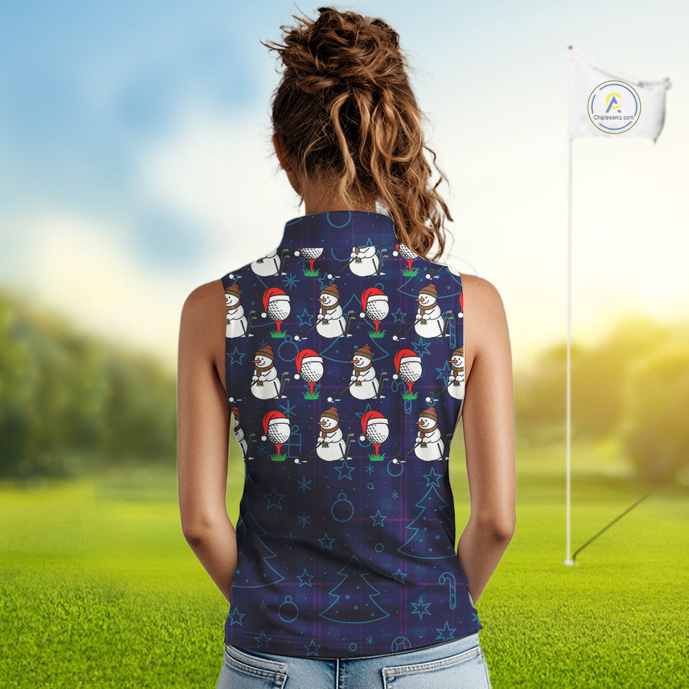 Blue Christmas Plaid pattern snowman Women Sleeveless Polo Shirt custom Christmas ladies golf attire NQS10902