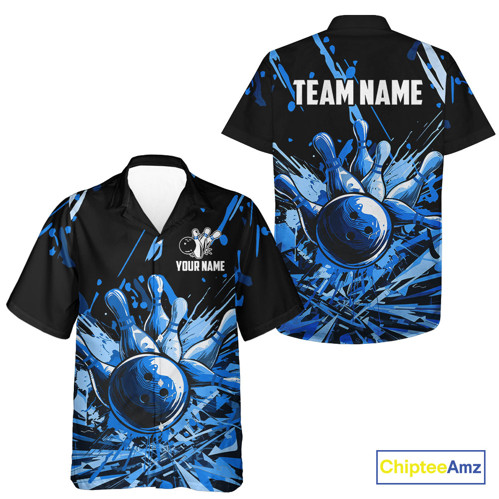 Blue bowling jerseys Bowling Hawaiian Shirt Custom Bowling Team button up shirts for bowlers NQS11083