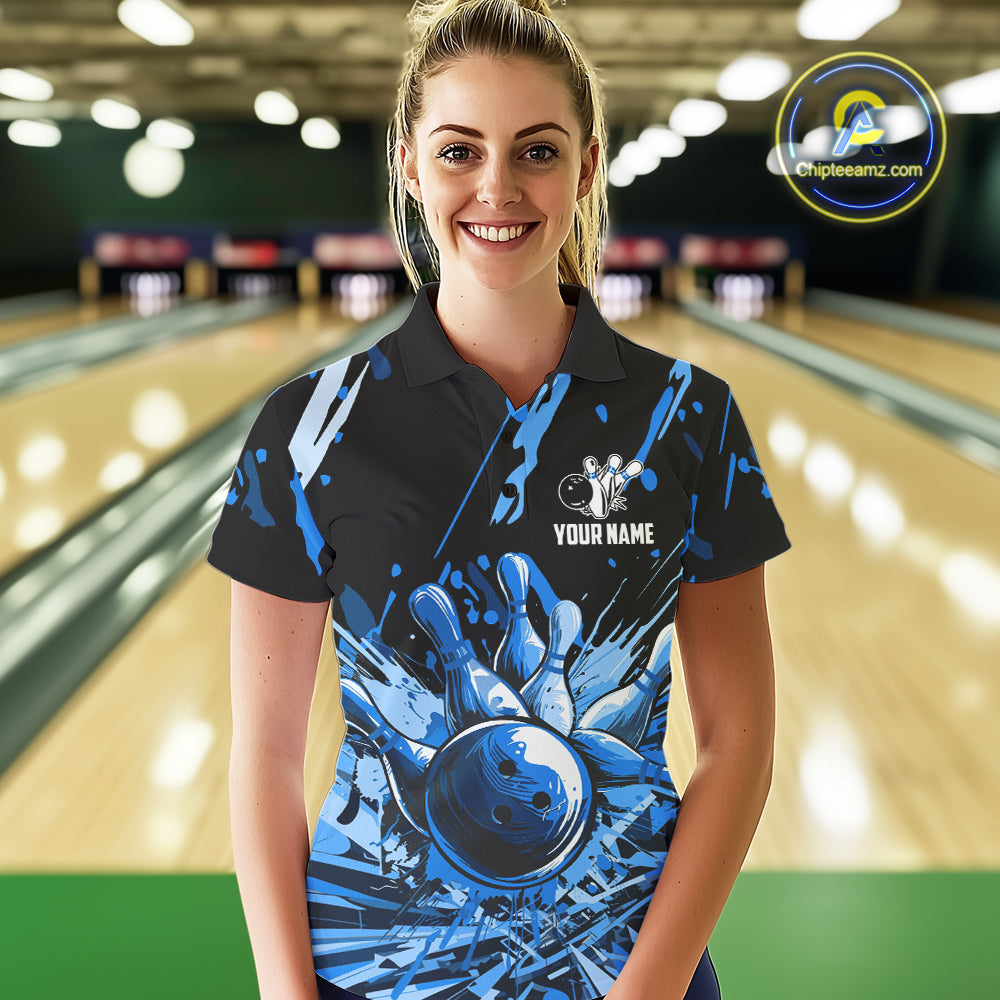 Blue bowling jerseys Bowling Polo, 1/4 Zip Shirt for Women Custom Bowling Team shirts for bowlers NQS11083