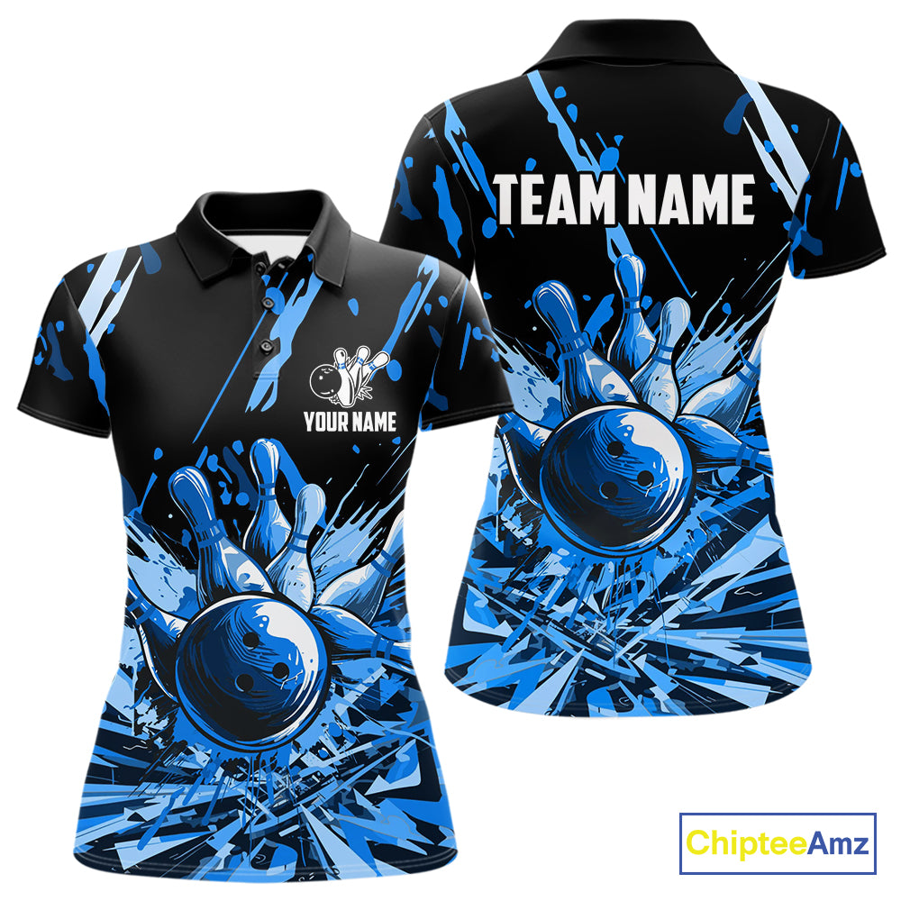 Blue bowling jerseys Bowling Polo, 1/4 Zip Shirt for Women Custom Bowling Team shirts for bowlers NQS11083