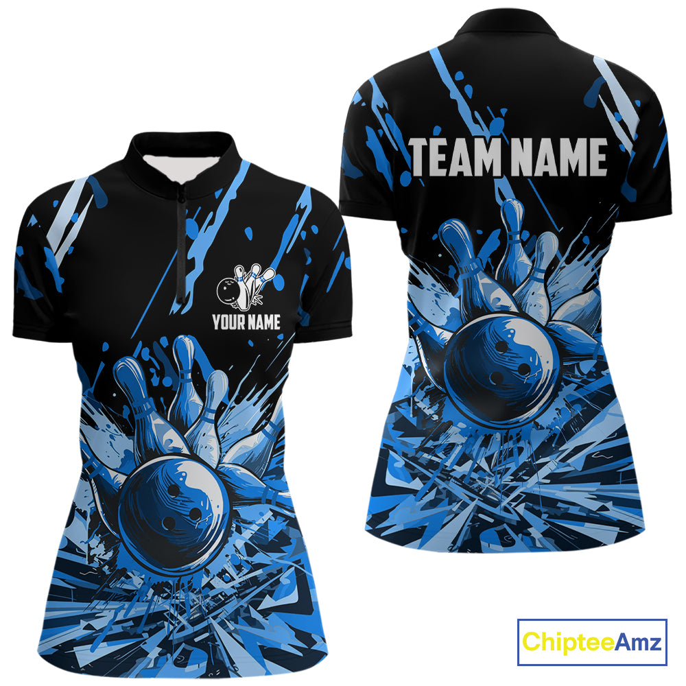 Blue bowling jerseys Bowling Polo, 1/4 Zip Shirt for Women Custom Bowling Team shirts for bowlers NQS11083