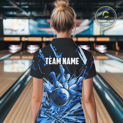 Blue bowling jerseys Bowling Polo, 1/4 Zip Shirt for Women Custom Bowling Team shirts for bowlers NQS11083