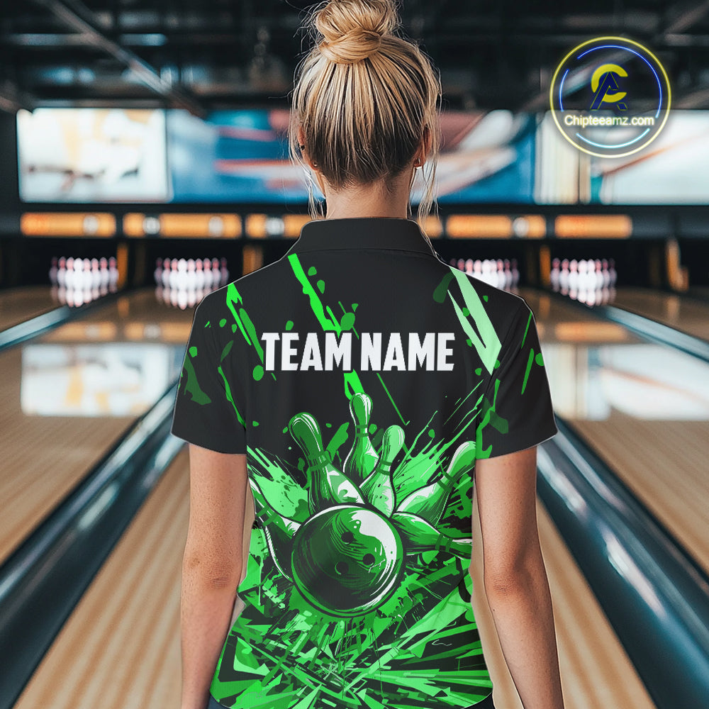 Green bowling jerseys Bowling Polo, 1/4 Zip Shirt for Women Custom Bowling Team shirts for bowlers NQS11084
