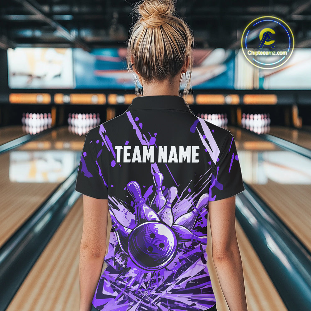 Purple bowling jerseys Bowling Polo, 1/4 Zip Shirt for Women Custom Bowling Team shirts for bowlers NQS11085