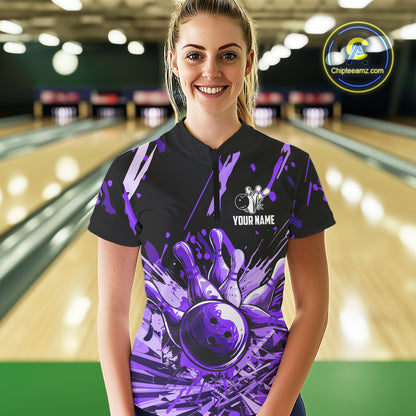 Purple bowling jerseys Bowling Polo, 1/4 Zip Shirt for Women Custom Bowling Team shirts for bowlers NQS11085