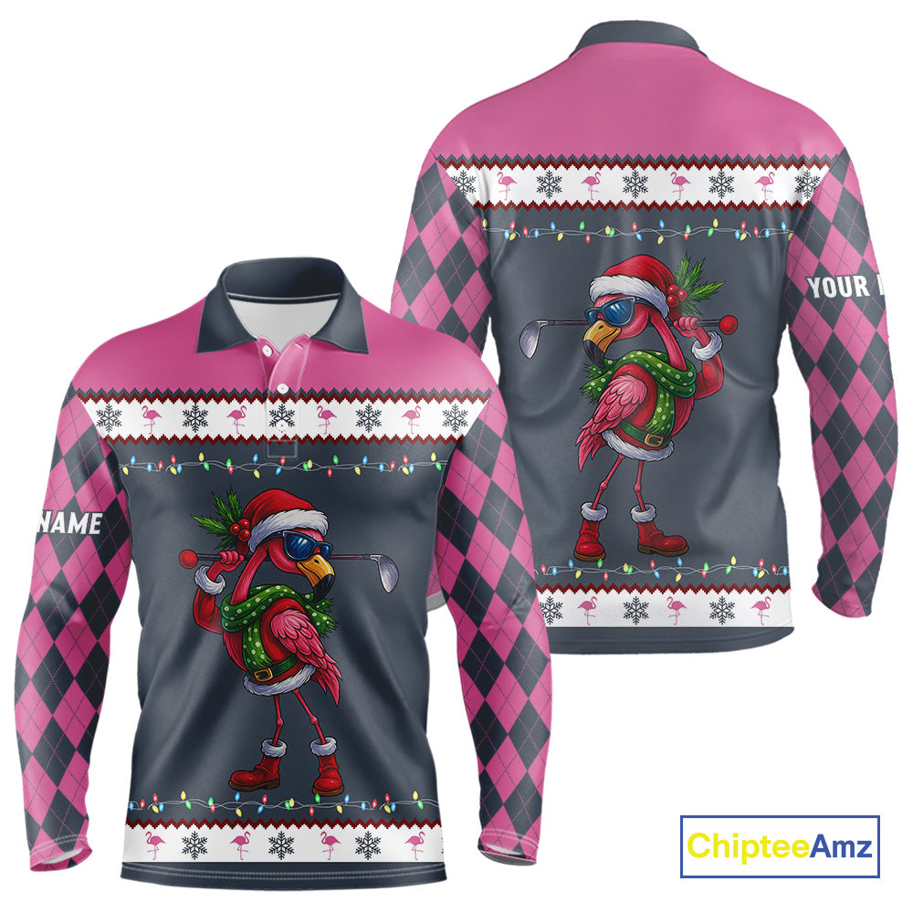 Pink argyle pattern Funny Christmas Flamingo Mens golf polo shirt custom golf attire for men NQS11088