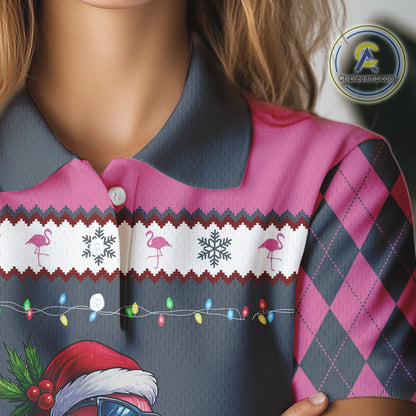 Pink argyle pattern Funny Christmas Flamingo Womens golf polo shirt custom golf attire for ladies NQS11088