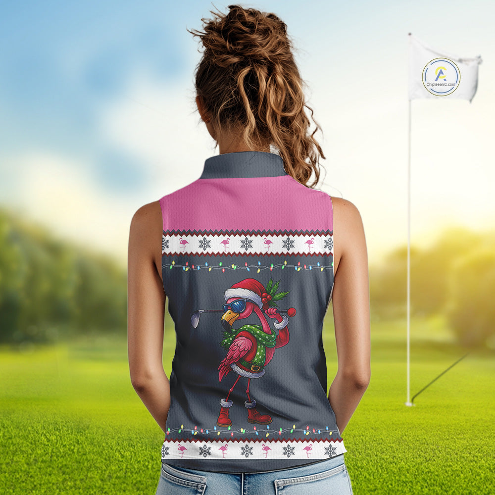 Pink argyle pattern Funny Christmas Flamingo Women sleeveless polos custom golf attire for ladies NQS11088