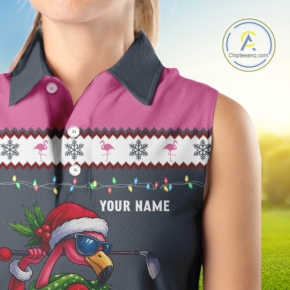 Pink argyle pattern Funny Christmas Flamingo Women sleeveless polos custom golf attire for ladies NQS11088