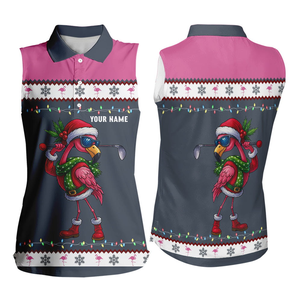 Pink argyle pattern Funny Christmas Flamingo Women sleeveless polos custom golf attire for ladies NQS11088
