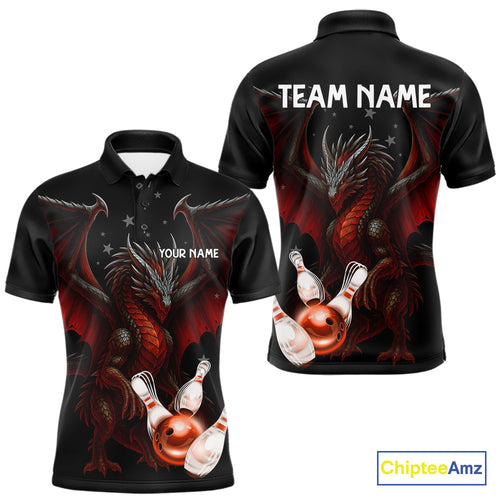 Custom Black And Red Dragon Bowling Shirts For Men, Team Bowling League Shirts NQS11090