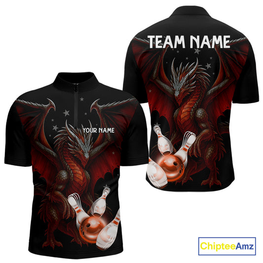Custom Black And Red Dragon Bowling Shirts For Men, Team Bowling League Shirts NQS11090