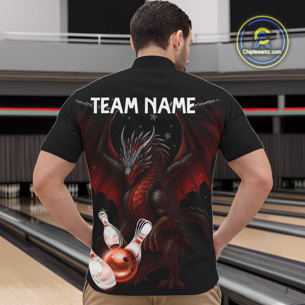 Custom Black And Red Dragon Bowling Shirts For Men, Team Bowling League Shirts NQS11090