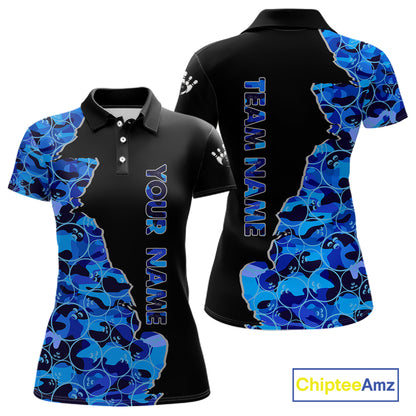 Black & Blue Camo Team Bowling Shirts For Women Custom bowling shirts with name, Team Bowling Jerseys NQS11508