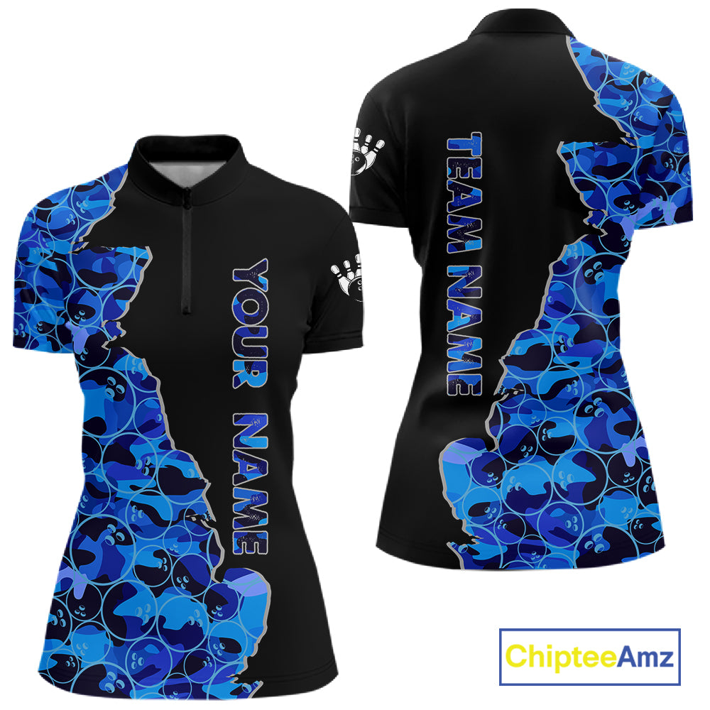 Black & Blue Camo Team Bowling Shirts For Women Custom bowling shirts with name, Team Bowling Jerseys NQS11508