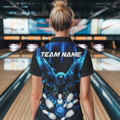 Custom Blue Lightning Thunder Eagle Women Bowling Polo, Quarter Zip Shirts Bowling Team Jersey Outfits NQS9577