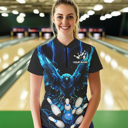 Custom Blue Lightning Thunder Eagle Women Bowling Polo, Quarter Zip Shirts Bowling Team Jersey Outfits NQS9577