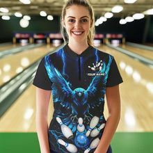 Load image into Gallery viewer, Custom Blue Lightning Thunder Eagle Women Bowling Polo, Quarter Zip Shirts Bowling Team Jersey Outfits NQS9577