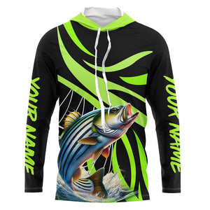 Personalized Striped Bass Long Sleeve Fishing Shirts, Striper Tournament Fishing Jerseys | Green NQS7499