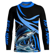 Load image into Gallery viewer, Personalized Sailfish Long Sleeve Fishing Shirts, Sailfish Tournament Fishing Jerseys | Blue NQS7501