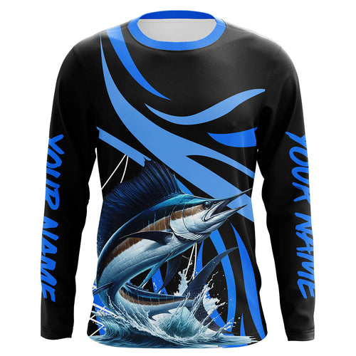 Personalized Sailfish Long Sleeve Fishing Shirts, Sailfish Tournament Fishing Jerseys | Blue NQS7501
