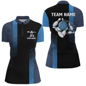 Black and blue bowling shirt for women custom Women Bowling Quarter Zip Shirt, team bowling jerseys NQS7502