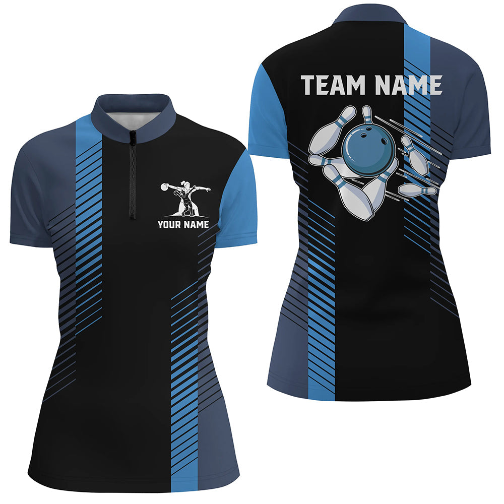 Black and blue bowling shirt for women custom Women Bowling Quarter Zip Shirt, team bowling jerseys NQS7502