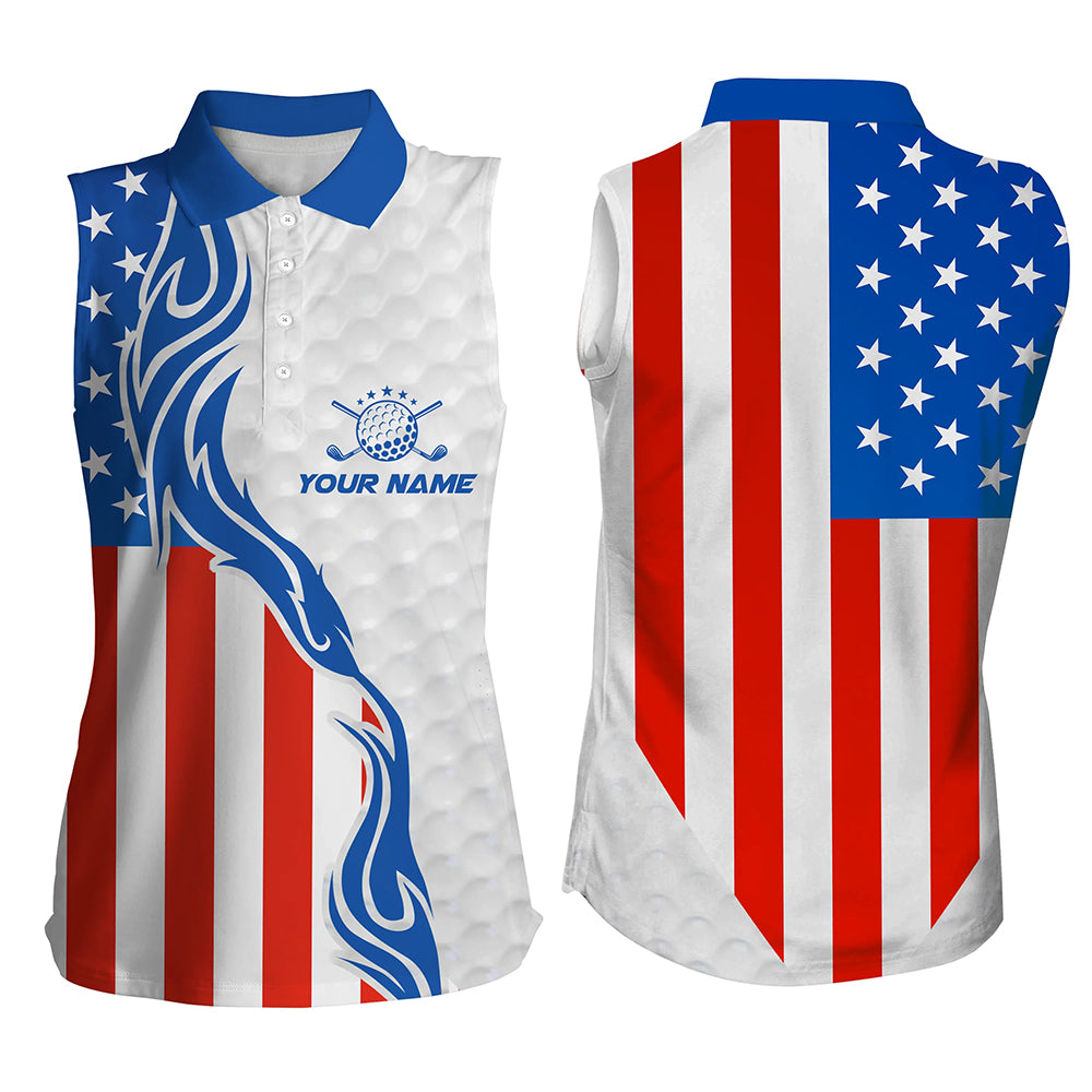 Red, white, and blue American flag womens sleeveless polo shirts custom patriotic golf shirt for women NQS5505