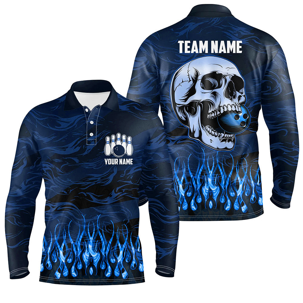Bowling polo, quarter zip shirts for men Custom Blue camo Flame Skull Bowling Team League Jerseys NQS7652