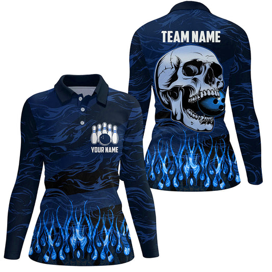 Bowling polo, quarter zip shirts for women Custom Blue camo Flame Skull Bowling Team League Jerseys NQS7652