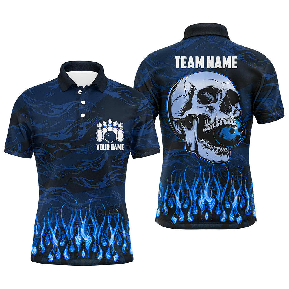 Bowling polo, quarter zip shirts for men Custom Blue camo Flame Skull Bowling Team League Jerseys NQS7652