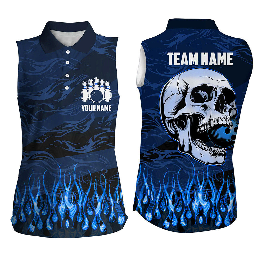Women sleeveless polo shirts Custom Blue camo Flame Skull Bowling Team Jerseys, gift for Bowlers NQS7652