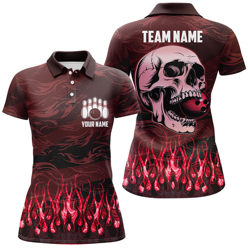 Bowling polo, quarter zip shirts for women Custom Red camo Flame Skull Bowling Team League Jerseys NQS7653