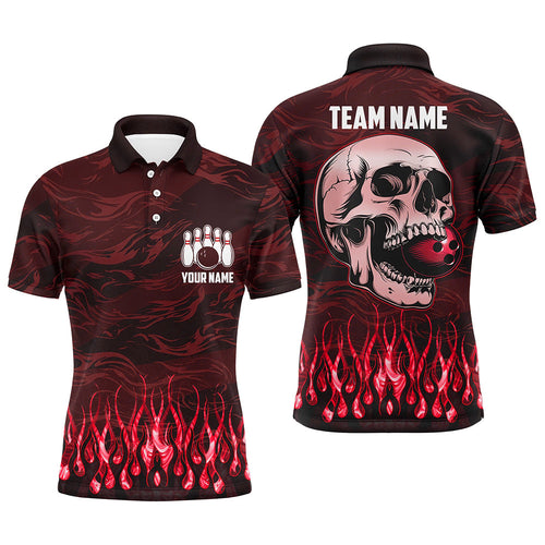 Bowling polo, quarter zip shirts for men Custom Red camo Flame Skull Bowling Team League Jerseys NQS7653