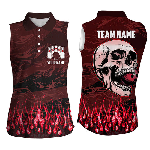 Women sleeveless polo shirts Custom Red camo Flame Skull Bowling Team Jerseys, gift for Bowlers NQS7653