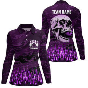 Bowling polo, quarter zip shirts for women Custom Purple camo Flame Skull Bowling Team League Jerseys NQS7654