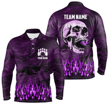 Load image into Gallery viewer, Bowling polo, quarter zip shirts for men Custom Purple camo Flame Skull Bowling Team League Jerseys NQS7654