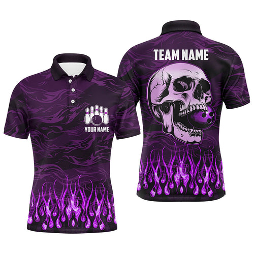 Bowling polo, quarter zip shirts for men Custom Purple camo Flame Skull Bowling Team League Jerseys NQS7654