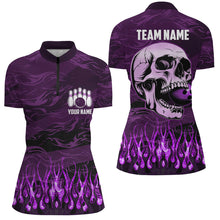 Load image into Gallery viewer, Bowling polo, quarter zip shirts for women Custom Purple camo Flame Skull Bowling Team League Jerseys NQS7654