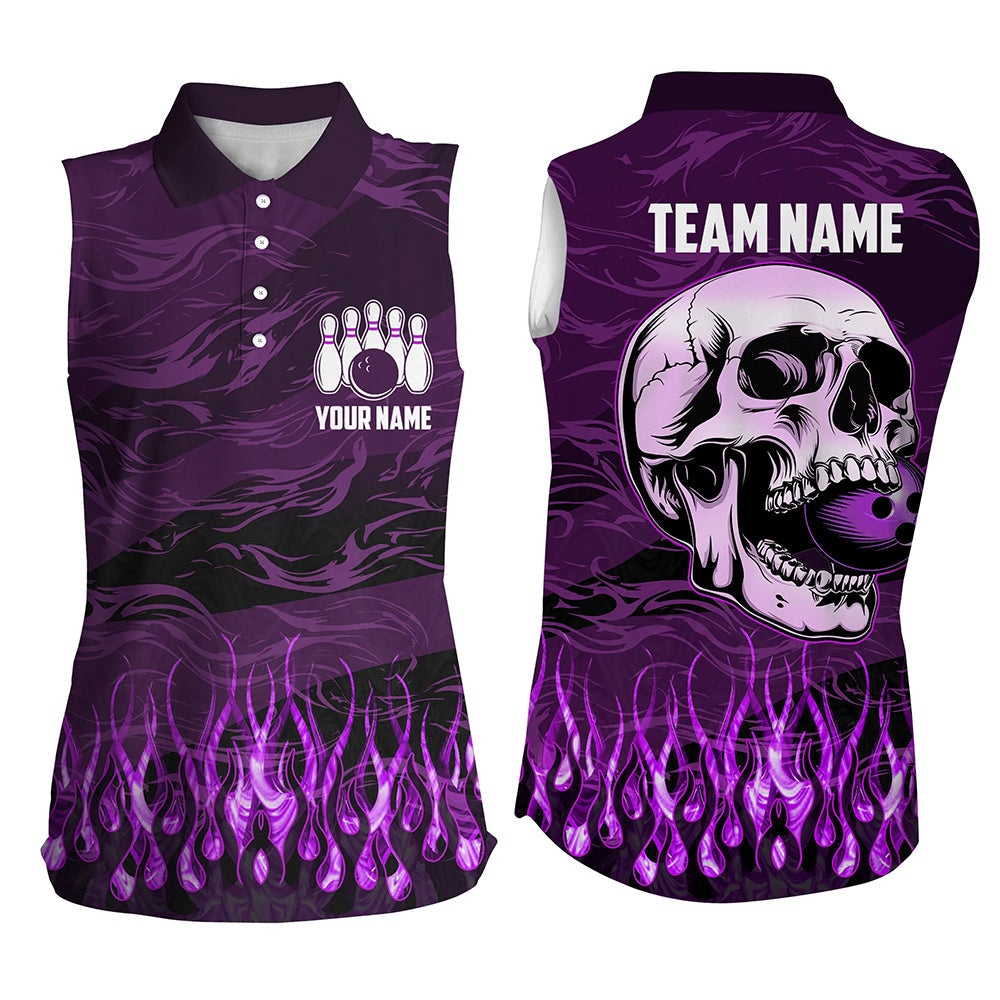 Women sleeveless polo shirts Custom Purple camo Flame Skull Bowling Team Jerseys, gift for Bowlers NQS7654