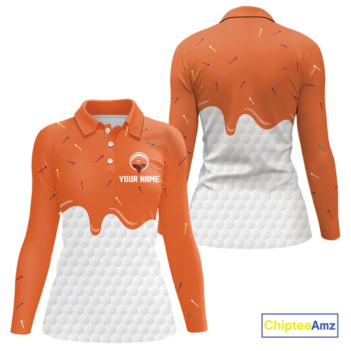 Womens golf polo shirts custom orange Ice Cream Melting On Golf Ball, golf gifts for ladies NQS9989