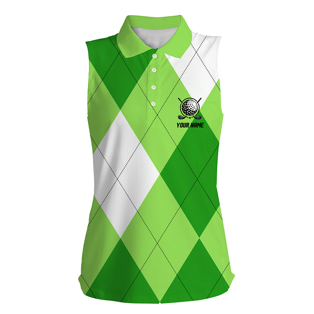 Womens sleeveless polo shirt custom name green and white golf pattern, personalized golf gifts NQS5782