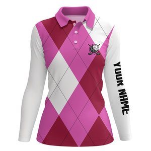 Womens golf polos shirts custom name pink and white golf pattern, personalized golf gifts NQS5783