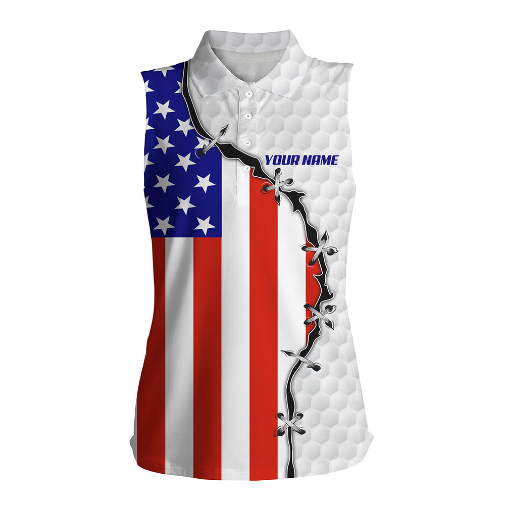 Womens sleeveless polo shirt American flag white golf ball skin pattern custom patriot team golf shirt NQS5788