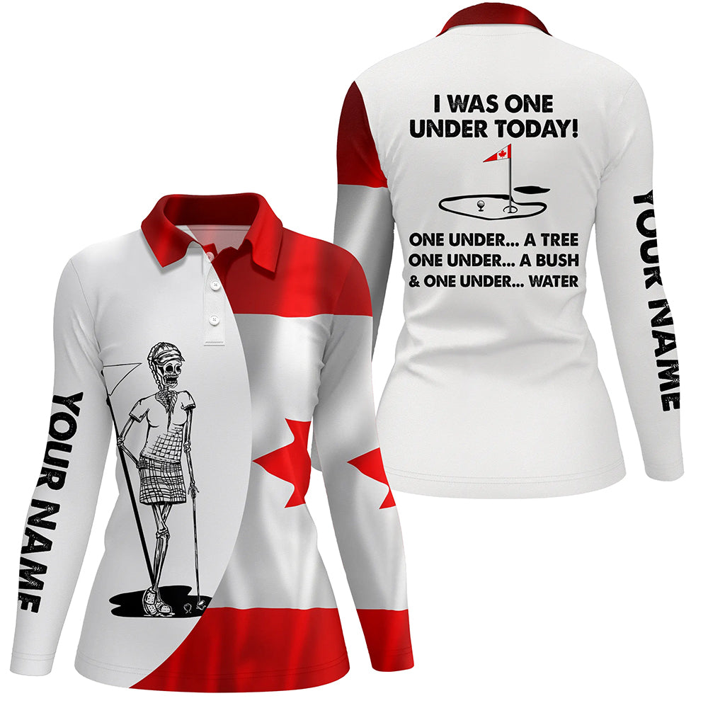 Women golf polo shirt Canadian flag white golf skull custom I was one under today tree, bush and water NQS5790